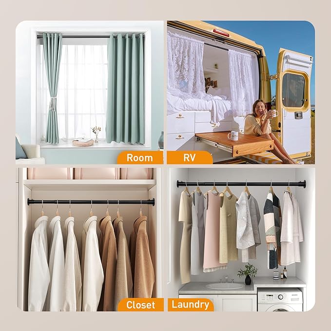 Black Adjustable Closet Rod 18-92 Inches, Heavy Duty Metal Clothes Hanging Rod, Rust-Proof Non-Slip Wardrobe Bar for Closet, Laundry Room, RV
