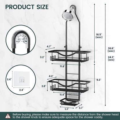 Shower Caddy Hanging Adjustable Shower Caddy, Rustproof Shower Organizer Extended Length Shower Caddies Over Shower Head with Hooks Soap Holder, Large Capacity Anti-Swing Bathroom Storage, Black
