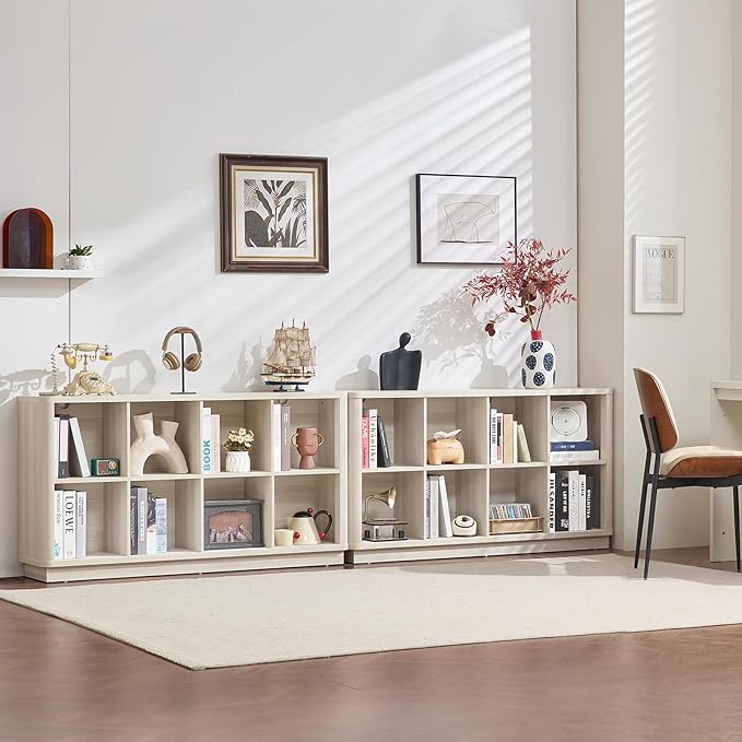 8 Cube Storage Bookcase, 52" Long Horizontal Book Shelf w/Curved Edge, Wood Low 2-Tier Cubby Console Bookshelf with Base, Modern Floor Standing TV Stand for Living Room, Grey-White Cream Oak