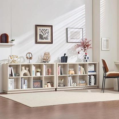 8 Cube Storage Bookcase, 52" Long Horizontal Book Shelf w/Curved Edge, Wood Low 2-Tier Cubby Console Bookshelf with Base, Modern Floor Standing TV Stand for Living Room, Grey-White Cream Oak