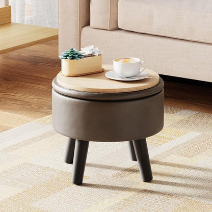 Small Foot Stool Ottoman with Storage, Faux Leather Ottoman Foot Rest for Couch, Round Footstool Ottomans for Living Room (Gray)
