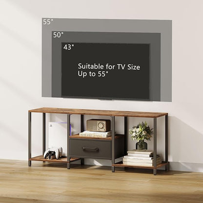 JARHETUN TV Stand with Fabric Drawer for 55 Inch TV, Entertainment Center with Open Shelves, Media TV Console Table for Living Room, Bedroom, Rustic Brown
