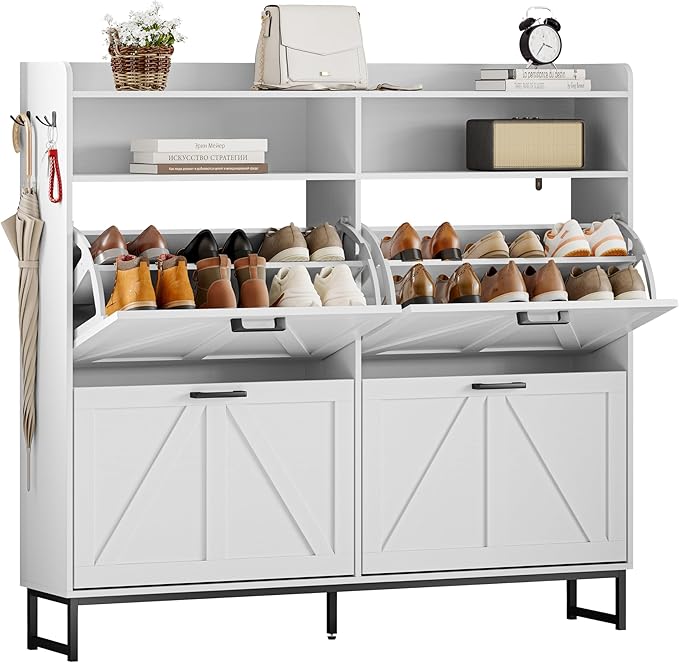 Shoe Cabinet Storage for Entryway, Shoe Storage Cabinet with 4 Flip Drawers, Freestanding Narrow Shoe Rack Organizer with Metal Legs for Foyer, Hallway, White
