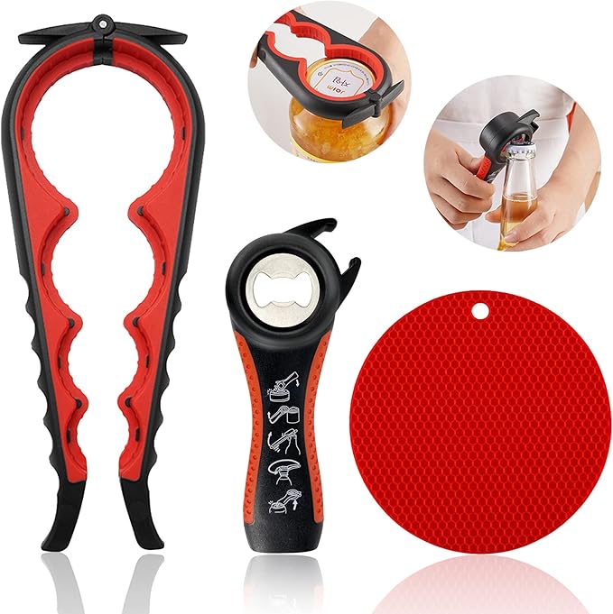 Jar Opener for Weak Hands, Seniors with Arthritis, 5 in 1 Multi Function Bottle Opener Lid Opener For Arthritic Hands with Non Slip Rubber Jar opener Gripper Pad(red)