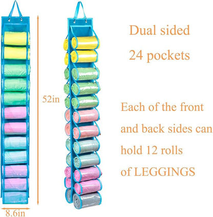 Legging Storage Bag Storage Hanger Can Holds 24 Leggings or Shirts Jeans Compartment Storage Hanger, Foldable Leggings Organizer Clothes Portable Closets Roll Holder (Blue)