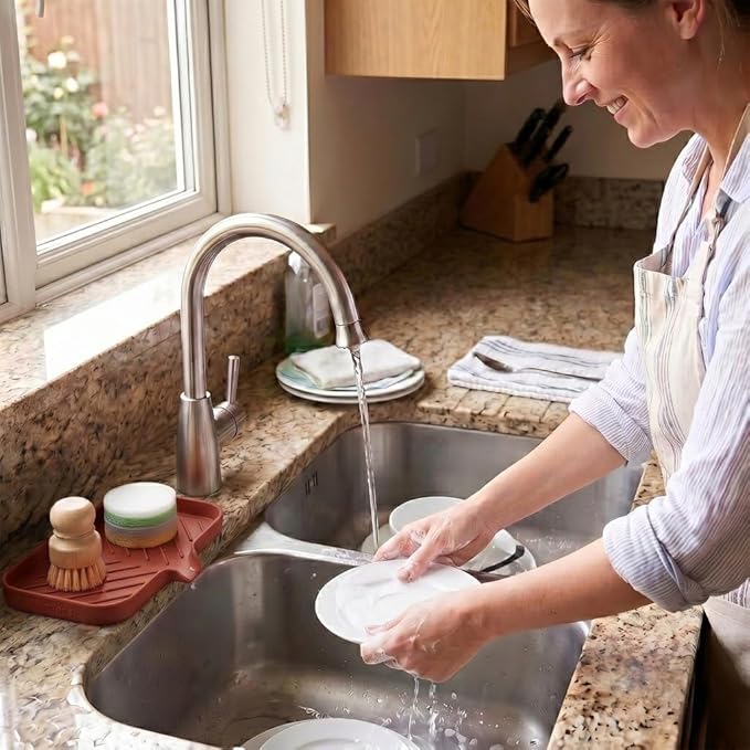 MicoYang Silicone Soap Dish with Drain Spout — Self-Draining Sink Organizer Tray for Bathroom & Kitchen, Sponges, Dispensers & Soap Holder, Non-Slip & Dishwasher Safe, Red (Medium, 9.6"×5.3")