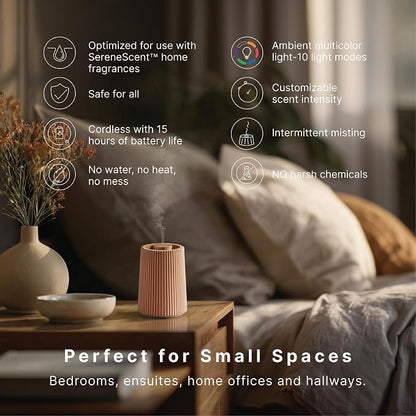 Homedics Waterless Essential Oil Diffuser with 15ml Vanilla Cedarwood Fragrance Oil. SereneScent Cordless Cold Air Scent Diffuser Starter Kit with Ambient Light, Studio 671 (Terracotta)