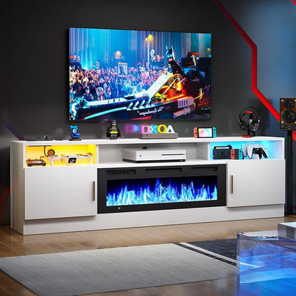 MXV 70" Fireplace TV Stand with Power Outlet for TVs UP to 80", Electric Fireplace Entertainment Center with LED Lights & Storage Cabinets, TV Console for Living Room, Office, White-Black