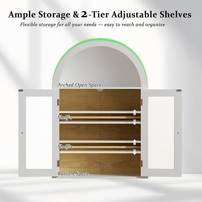BREEZEHEAT Bathroom Medicine Cabinet Wall Mounted-Over The Toilet Storage Cabinet-Arched Wall Cabinet with Glass Doors & Adjustable Shelves for Laundry Room, Kitchen, Living Room, White