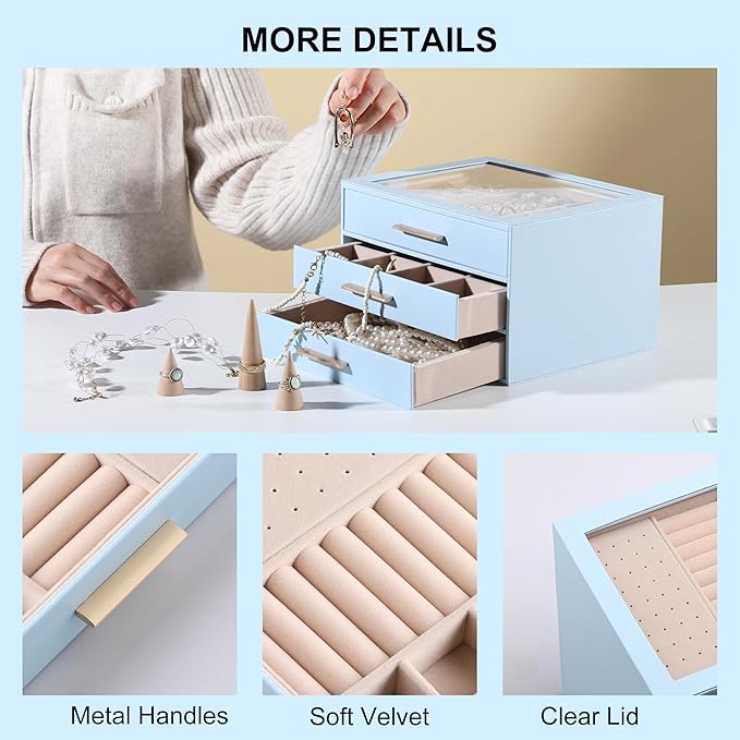 Frebeauty Clear Lid Jewelry Box,3-Layer Jewelry Organizer with Drawer,PU Leather Jewelry Organizers and Storage,Jewelry Boxes for Women,Jewelry Storage for Rings Earring Stud,Gift for Women(Sky Blue)