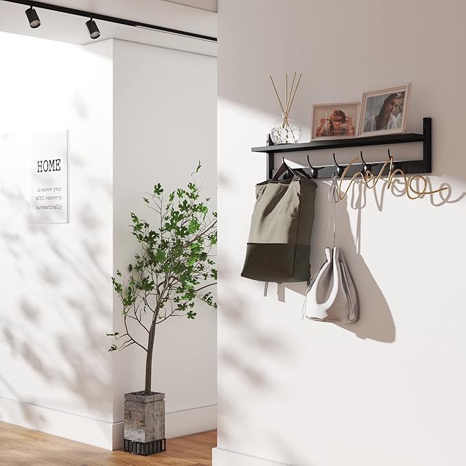 BAMEOS Wall-Mounted Shelf with Hooks - 28.9 Inch Entryway Hanging Shelf with 5 Dual Hooks for Bathroom, Living Room, Bedroom (Black)