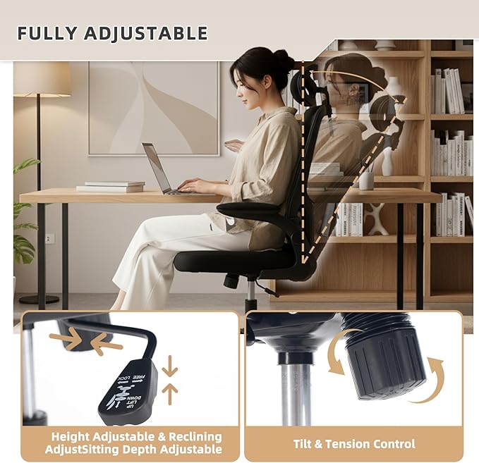 Office Computer Desk Chair, High Back Mesh Home Office Conference Room Chairs with Adjustable Headrest, Flip-Up Arms, Comfortable Lumbar Support, Black (Set of 10)