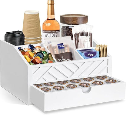 Coffee Bar Organizer with Drawer, Coffee Station Organizer for Countertop, Wood Coffee Bar Accessories Organizer for Coffee Bar Decor, Farmhouse Coffee Cup Pod Holder Condiment Organizer(White)