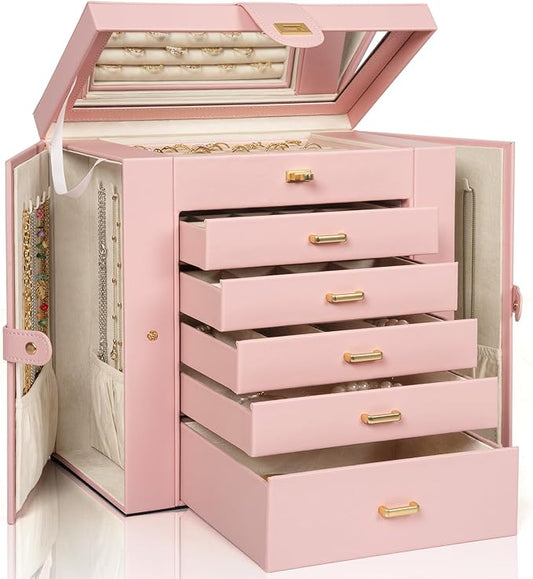 AKOZLIN 6-Tier Jewelry Box Organizer Functional 5 Drawers Leather Jewelry Storage Case for Women Girls Ring Necklace Earring Bracelet Holder Organizer with Mirror Extra Large Champagne Pink