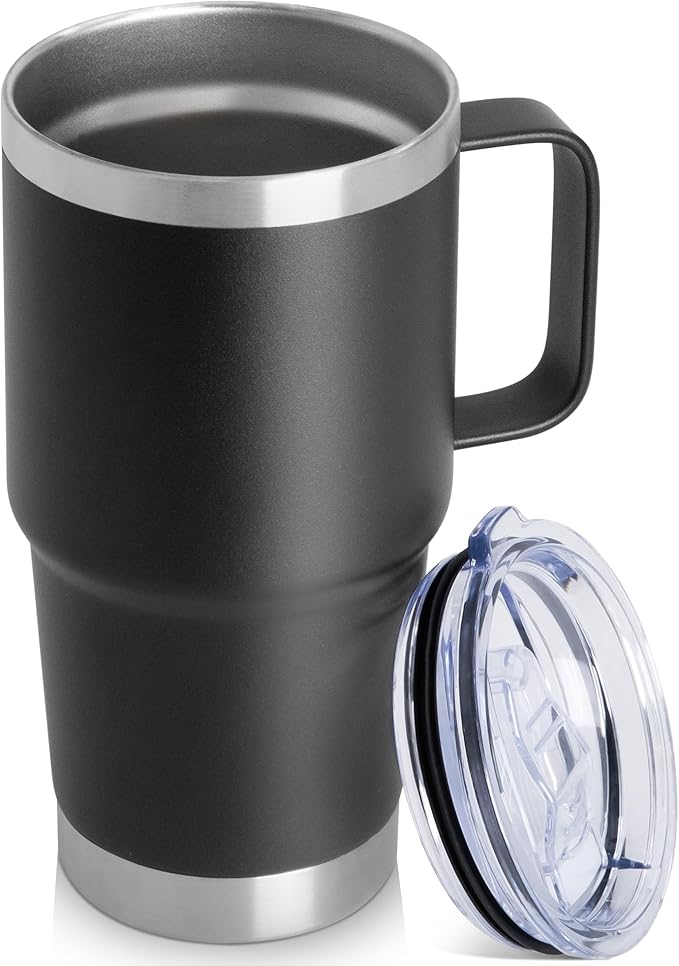 20oz Tumbler with Lid, Stainless Steel Tumbler with Handle, Metal Insulated Travel Coffee Mug with Handle, Double Wall Vacuum Spill Proof Tumbler Cup, Black 1 Pack