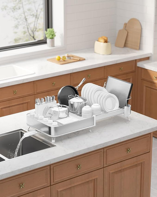 Kitsure Dish Drying Rack - Expandable Stainless Steel Dish Racks for Kitchen Counter, Auto-Drain Drying Rack for Kitchen with Cutlery Holder & Non-Slip Feet, 16.1-26.6" L x 12.6" W, White