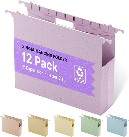 XINGIA Letter Size Hanging File Folders with Tabs,2'' Expansion,12 Pack Heavy Duty Wheat Straw Plastic Hanging Folder,Extra Capacity Filing Cabinet Folders,File Organizer for File Box(Morandi Purple)
