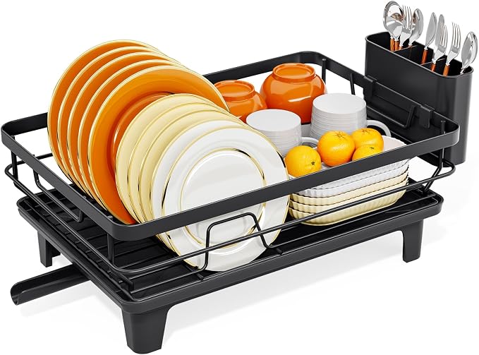 TOOLF Dish Drying Rack, Small Dish Racks for Kitchen Counter, Stainless Steel Sink Organization and Storage Essentials with Cutlery Holder, Dish Drainer, Home and Appartment Decor, Black