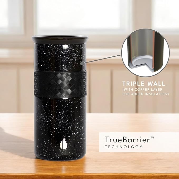 Elemental Artisan Insulated Tumbler, Triple Wall Coffee Travel Mug, Reusable Stainless Steel Coffee Tumbler with Ceramic Lid, Thermal Coffee Cups for Hot (6 Hrs) & Cold (18 Hrs), 16oz - Black Speckle