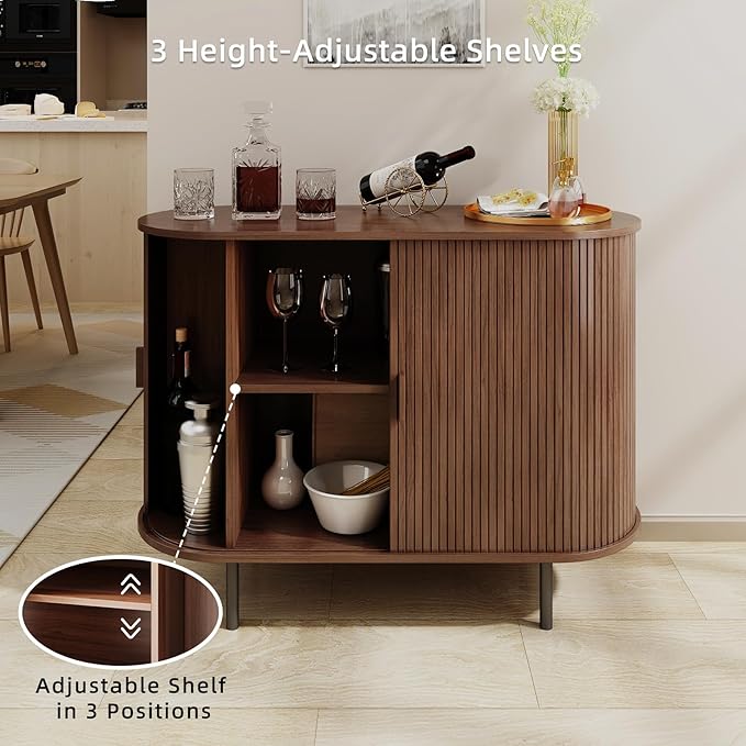 Buffet Sideboard Cabinet with Storage, 40" Fluted Cabinet with Sliding Door & Adjustable Shelf, Modern Accent Coffee Bar Console Table for Kitchen, Entryway, Walnut