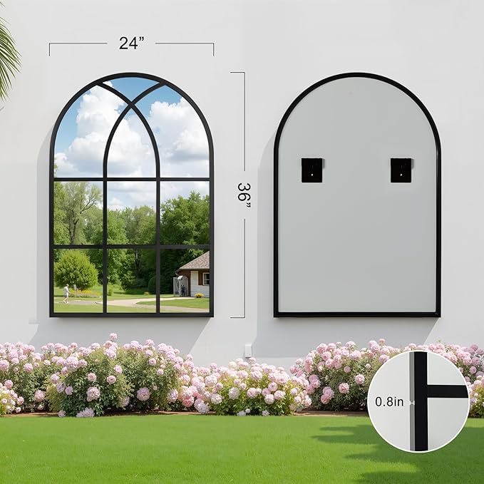 Arched Window pane Wall Mirror 24"x36", Window Shaped Farmhouse Style with Aluminum Frame, Decorative Wall Mirror Leaning Hanging for Living Room, Courtyard, Bedroom, Entryway, Black