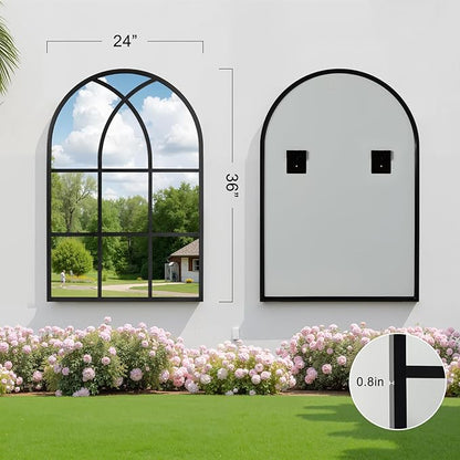 Arched Window pane Wall Mirror 24"x36", Window Shaped Farmhouse Style with Aluminum Frame, Decorative Wall Mirror Leaning Hanging for Living Room, Courtyard, Bedroom, Entryway, Black