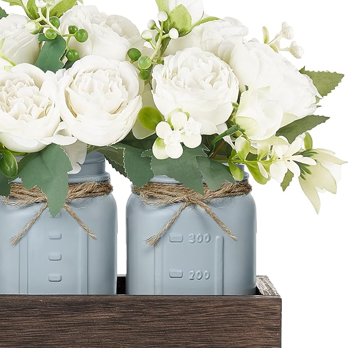 Mkono Mason Jar Table Centerpiece Decorative Wood Tray with 3 Painted Jars Artificial Flowers Rustic Country Farmhouse Decoration for Coffee Table Dining Room Living Room Kitchen (Peony)