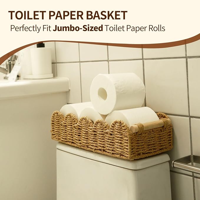 Paper Rope Storage Basket Set of 2 with Wooden Handles - Scalloped Toilet Paper Organizer, Cute & Functional Home Decor for Bathroom or Living Room (Beige)