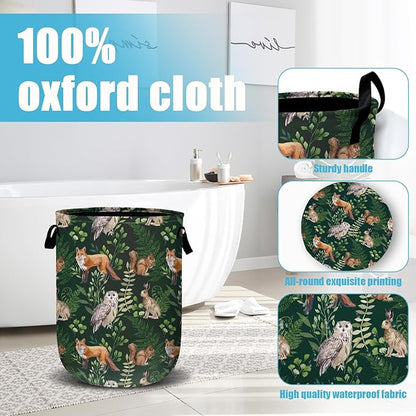 Watercolor Fox Hare Owl Squirrel Laundry Basket, Forest Animals Plants Laundry Hamper Collapsible Oxford Cloth with Handle Clothes Toy Storage Bin for Bathroom Laundry Room Bedroom 15.7 X 20 Inch