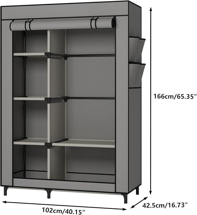 Calmootey Portable Closet Organizers, Clothing Storage, Wardrobe with 6 Shelves and Hanging Rod, Non-Woven Fabric Cover with 4 Side Pockets, Grey