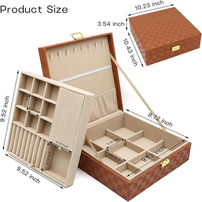 Jewelry Organizer Box, Jewelry Box Organizers for Women Girls, 2 Layers Large Leather Jewels Storage Case for Earring, Rings, Necklaces, Bracelets, Big and Small Jewellery, Watch, Ideal Gift (Brwon)