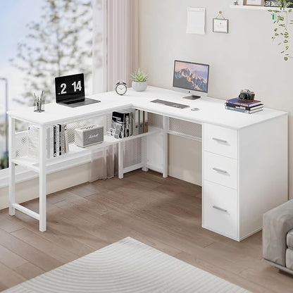 LVB White L Shaped Corner Desk with Drawers, Reversible Modern L-Shaped Computer Desk with Storage Cabinet Shelves, Large Wood Metal L Shape Home Office Desk for Work Study Writing Gaming, 59 Inch