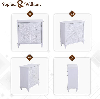 Sophia & William Accent Cabinet with Doors, Distressed Display Storage Cabinet with Wooden Frame and Carved Finch Feather Patterns for Entryway Living Room, White