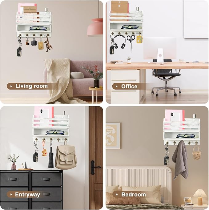 Mail and Key Organizer for Wall – Key Holder Wall Mount with Storage Box and 5 Key Hooks, Mail Holder Wall Mounted for Entryway, Apartment, Office, Home Decor Organization (White)