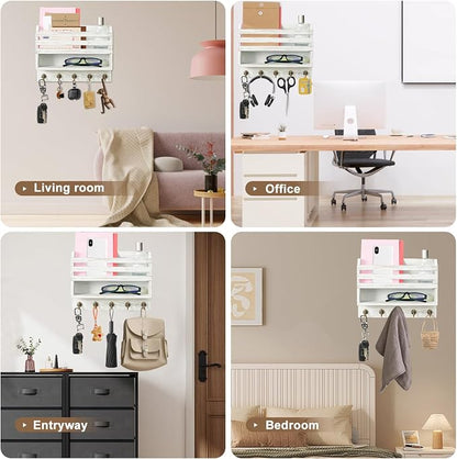 Mail and Key Organizer for Wall – Key Holder Wall Mount with Storage Box and 5 Key Hooks, Mail Holder Wall Mounted for Entryway, Apartment, Office, Home Decor Organization (White)