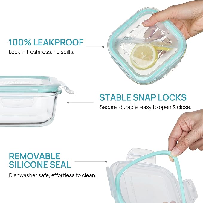 Vtopmart 5Pack 17.5oz Glass Storage Containers with Lids, Glass Meal Prep Food Container Sets with Snap Airtight Lid for Microwave, Oven, Freezer and Dishwasher, Green