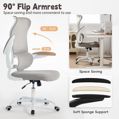Ergonomic Office Chair, High Back Breathable Mesh Computer Desk Chair with Adjustable Lumbar Support and Flip-Up Armrests, 300LB Capacity Executive Swivel Task Gaming Seat for Home and Office (White)