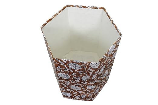 3.3 Gallon Cotton Hand Block Printed Paper Waste Basket |Small Decorative Trash Can for Housewarming Gifts in Living Room, Bedroom, Bathroom | Eco-Friendly, Plastic-Free (1, Brown White FLOWAR)