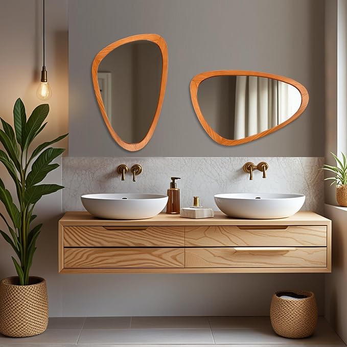 FUIN Asymmetrical Irregular Wall Mirror 30.5" x 19.5" – Solid Wood Frame Mid Century Modern Decor, Organic Pebble Shaped HD Glass for Bathroom Vanity, Bedroom, Living Room & Entryway (Teak Finish)