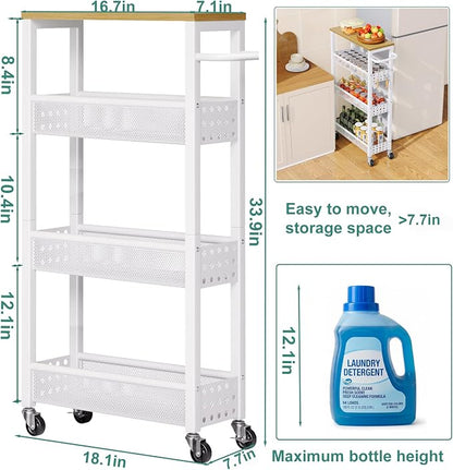 Slim Rolling Storage Cart, Laundry Room Organization and Storage Shelves for Between Washer and Dryer, Narrow Shelf Unit for Small Spaces, 4 Tier Thin Organizer Carts with Wheels for Bathroom, Kitchen