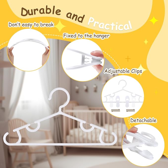 Hsei 5/10/40 Pack Baby Hangers with 10/20/80 Clips, Plastic Kids Pants Hangers for Nursery Closet Top and Bottom Clothes Hanger Set for Newborn Infant Toddler(15 Packs Total,White,10.6 Inch)