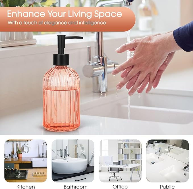 Topsky Stripe Glass Soap Dispenser with Black Plastic Pump, 400ml Liquid Hand Soap Dispenser, Rustproof Pump for Kitchen & Bathroom, Great for Lotions, Essential Oil, Liquid Soaps-Pink Orange