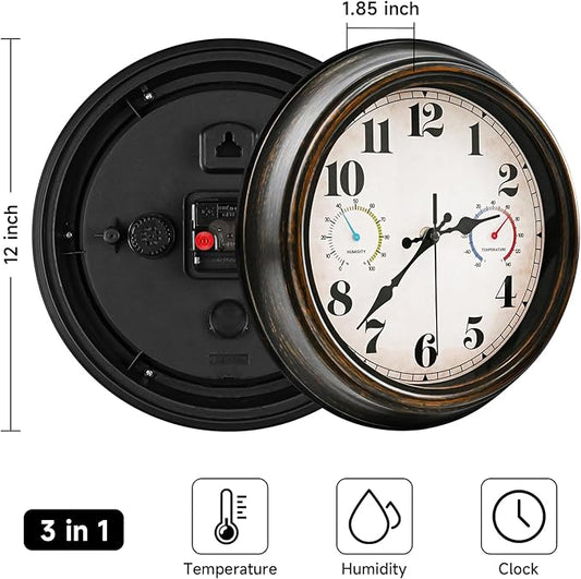Outdoor Clock Thermometer Combo - Retro Silent Wall Clocks, 12Inch Large Indoor Outdoor Clock with Temperature and Humidity, Battery Operated Non Ticking Classic Vintage Clocks Wall Decorative