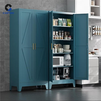 COFaR 71 in Tall Kitchen Pantry Cabinet, Metal Pantry Storage Cabinet with 4 Adjustable Shelves and 2 Barn Doors, Freestanding Farmhouse Food Cupboard for Dining Room, Peacock Blue 5-Tier