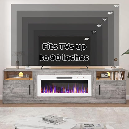 Lemberi Fireplace tv Stand with 36 inch White Fireplace Up to 90" TVs, LED Light Entertainment Center and Storage, 80" Modern Wood Media TV Console with Highlight Cabinet for Living Room (Gray)