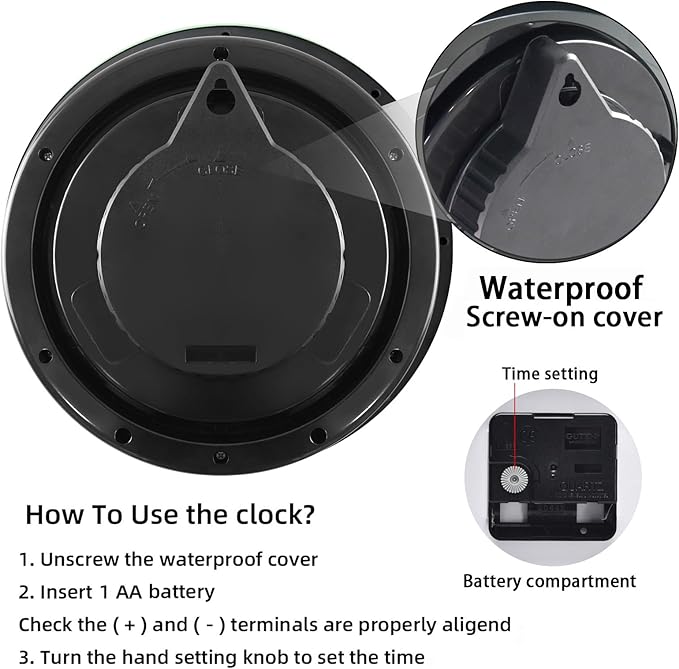 Caysie 12 Inch Sealed Indoor Outdoor Clock Waterproof, Silent Battery Operated Weatherproof Wall Clocks for Pool Patio Outside Home (Black)