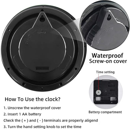 Caysie 12 Inch Sealed Indoor Outdoor Clock Waterproof, Silent Battery Operated Weatherproof Wall Clocks for Pool Patio Outside Home (Black)
