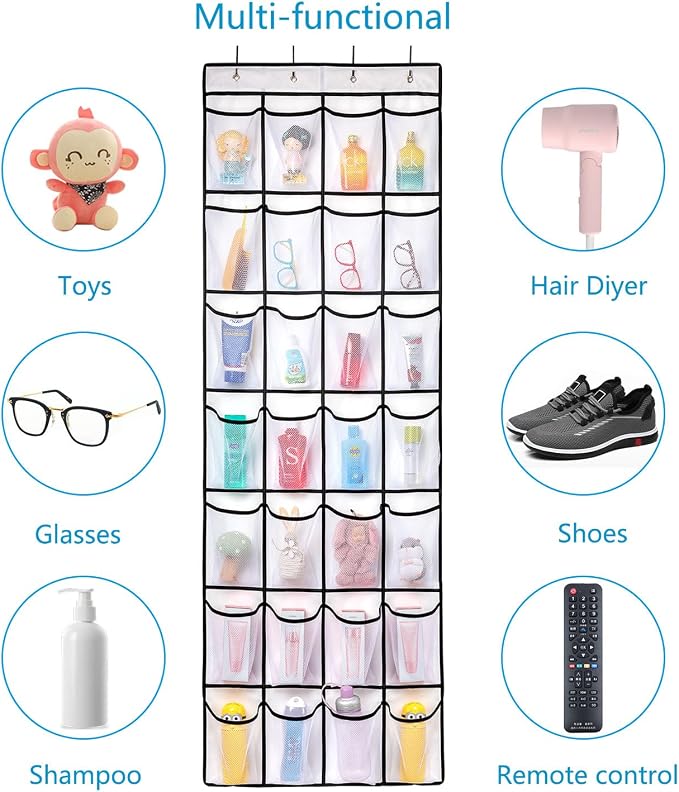 REGELETO 2 Pack 28 Pocket Over the Door Shoe Organizer, Hanging Shoe Rack for Door Large Capacity Shoe Organizer Holder with 4 Metal Hooks (White-2Pack)