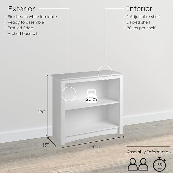 Prepac Sonoma 2-Tier Bookcase 29"H with 1 Adjustable Shelf, White Storage Cabinet, Modern Display Cabinet, Bookshelf with Storage Shelves for Home Office, Living Room, Bedroom Organizer