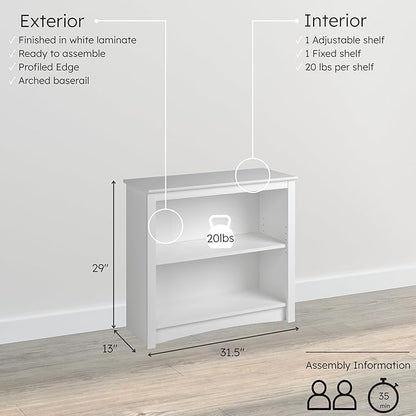 Prepac Sonoma 2-Tier Bookcase 29"H with 1 Adjustable Shelf, White Storage Cabinet, Modern Display Cabinet, Bookshelf with Storage Shelves for Home Office, Living Room, Bedroom Organizer